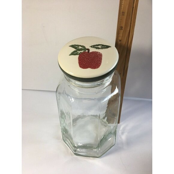 Glass Jar Canister W Ceramic Apple Lid Octagon Cookie Storage Kitchen Farmhouse - Picture 4 of 4